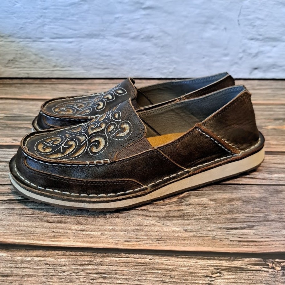 Ariat Cruiser Brown Leather Western Scroll Embroidered Slip On Shoes 8.5